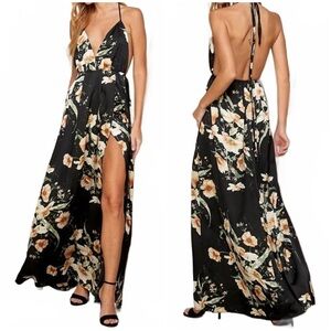 Sweet Lemon Satin Floral Front Slit Halter Tie Maxi Dress